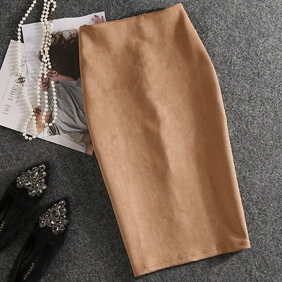 Khaki Casual Women's Faux Deerskin Velvet With Zipper Back Slit Skirt - Picture 5 of 7